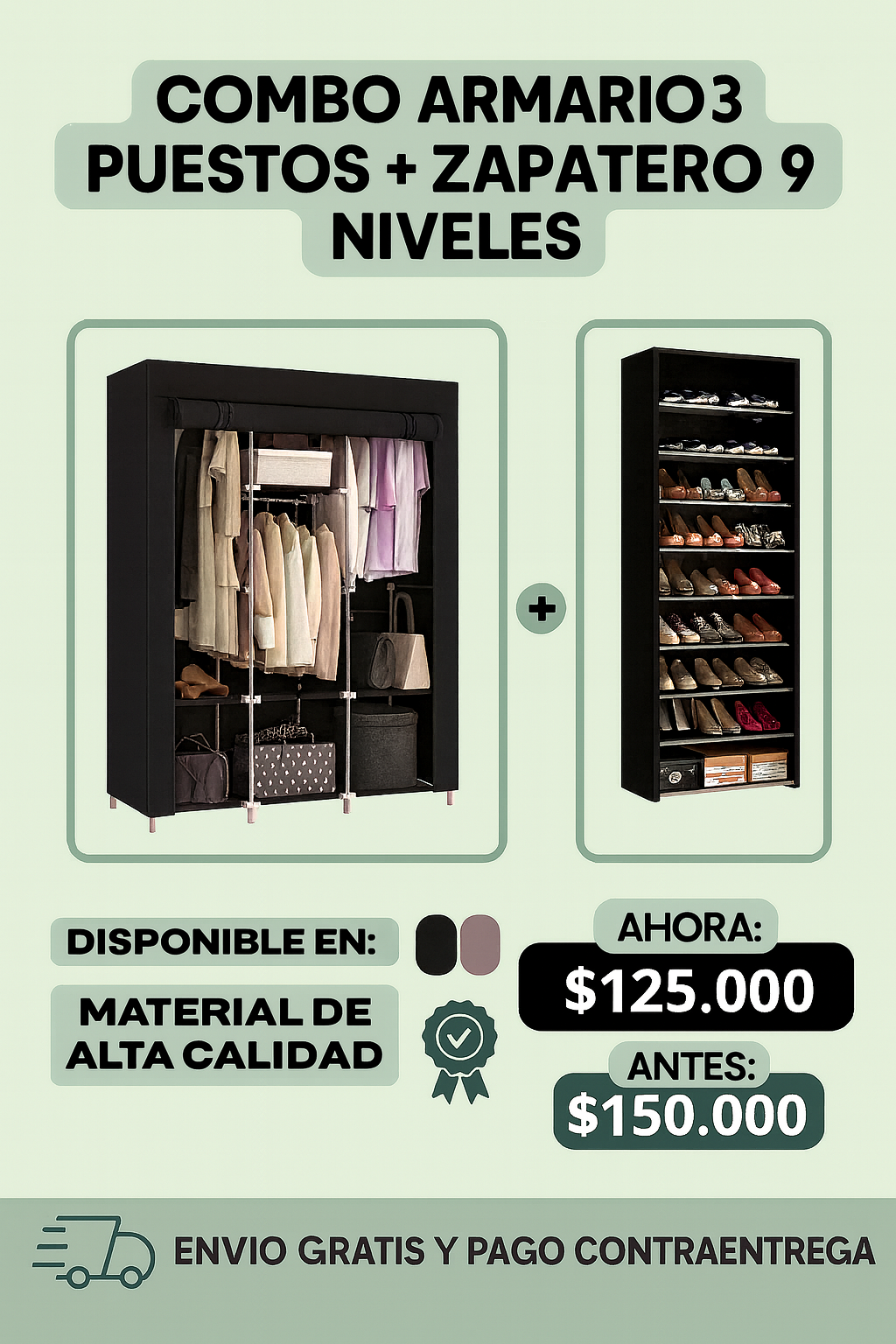 Combo Armario 3 Cuerpos + Zapatero de Tela – Organización Tu habitación con estilo