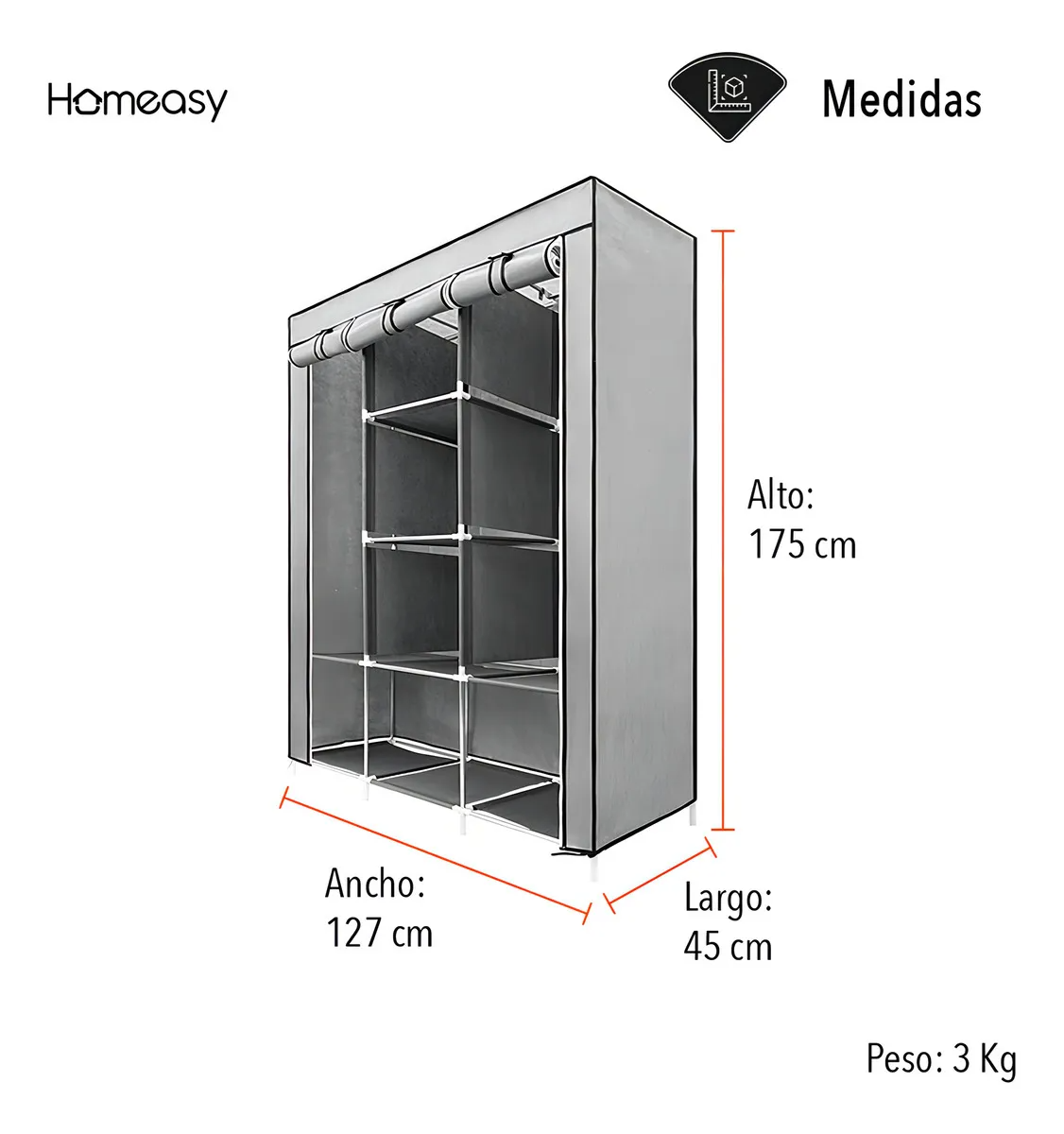 Armario, Closet, organizador portatil de ropa  de 1.7m - Organiza tu ropa con estilo y sin ocupar tanto espacio !